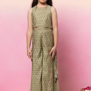 Green Boota Print Back Tie Up Crop Top With Palazzo Pants (Set of 2)