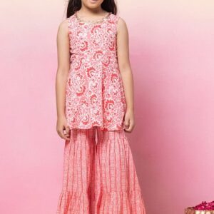 Pink Printed Tiered Sharara With Sleeveless Kurta (Set of 2)