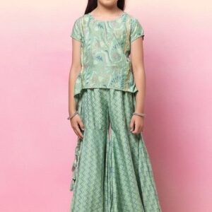 Sage Green Printed Sharara With Foil Print Short Kurta (Set of 2)