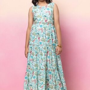 Pastel Blue Block Print Tiered Maxi Dress