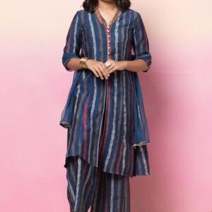 Indigo Blue Block Print Embroidered Kurta With Palazzo Pants And Dupatta (Set of 3)