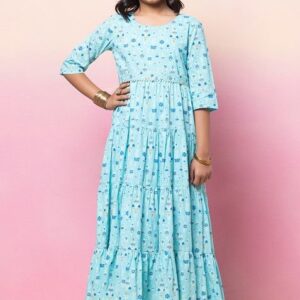 Blue Tiered Maxi Kurta With Embroidered Belt (Set of 2)