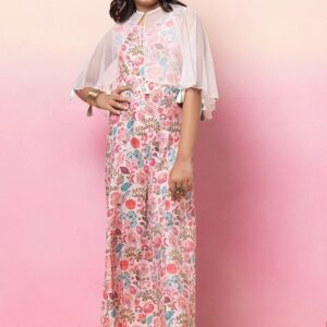 Pastel Pink Sleeveless Jumpsuit With Tasseled Cape (Set of 2)