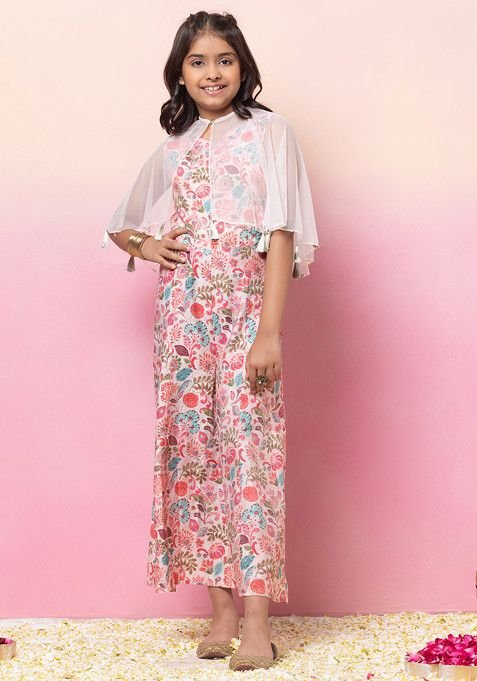 Pastel Pink Sleeveless Jumpsuit With Tasseled Cape (Set of 2)