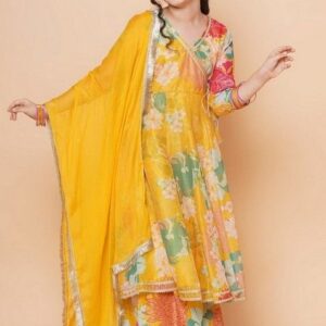 Yellow Floral Print Sharara With Angrakha Kurta And Dupatta (Set of 3)