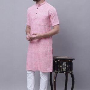 Red Solid Cotton Kurta For Men