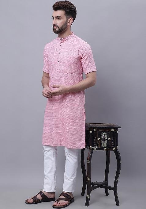 Red Solid Cotton Kurta For Men