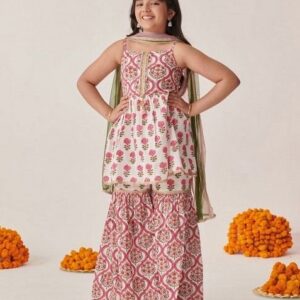 Magenta Floral Print Kurta With Sharara And Dupatta (Set of 3)