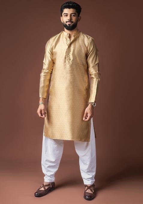 Golden Weaved Jacquard Kurta For Men