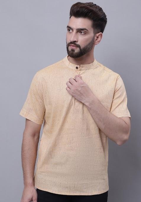 Beige Plain Pure Cotton Kurta For Men
