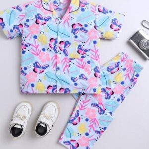 White Printed Cotton Shirt Pant Set For Boys