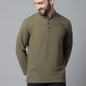Green Plain Pure Cotton Kurta For Men