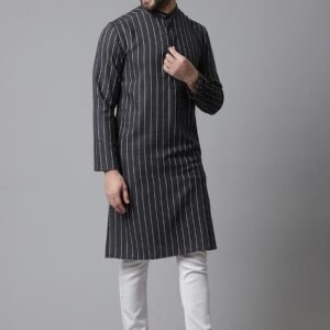 Black Solid Cotton Kurta For Men