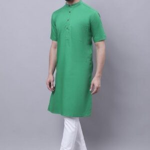 Green Solid Cotton Kurta For Men