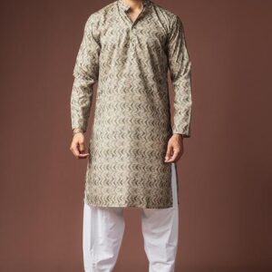 Mehendi Green Printed Linen Kurta For Men