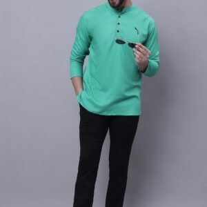 Green Plain Pure Cotton Kurta For Men