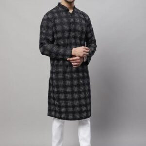 Black Solid Cotton Kurta For Men