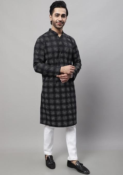Black Solid Cotton Kurta For Men