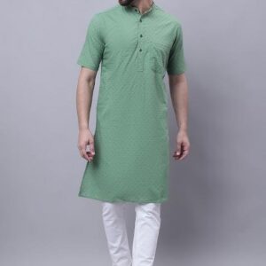 Green Solid Cotton Kurta For Men