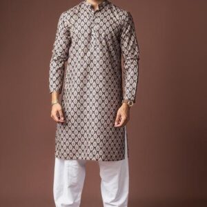 Black Printed Linen Kurta For Men
