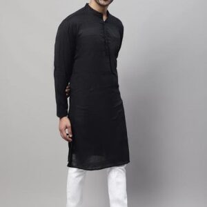 Black Solid Cotton Kurta For Men