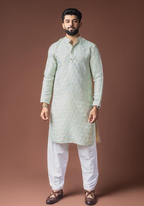 Light Green Weaved Jacquard Kurta For Men
