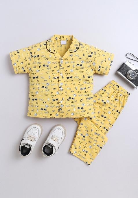 Yellow Printed Cotton Shirt Pant Set For Boys