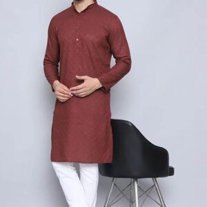 Blue Solid Cotton Kurta For Men