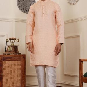 Peach Jacquard Viscose Kurta For Men