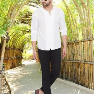 White Solid Cotton Kurta For Men