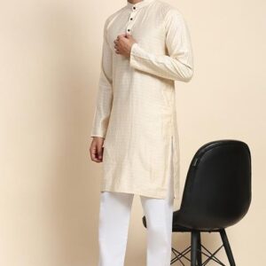 Cream Self Weaved Viscose Rayon Kurta For Men