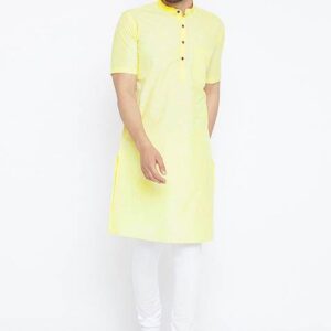 Yellow Solid Cotton Kurta For Men