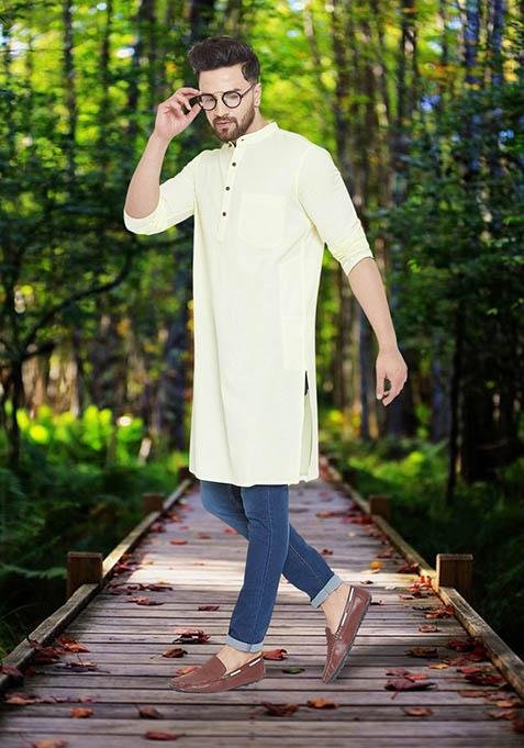 Yellow Solid Cotton Kurta For Men