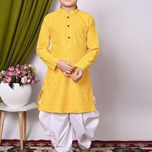 Yellow Embroidered Cotton Kurta Set For Boy