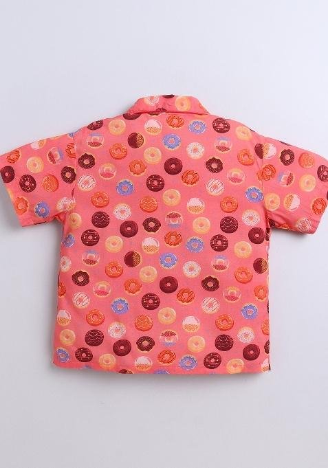 Orange Printed Cotton Shirt Pant Set For Boys