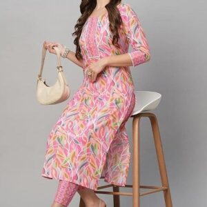 Pink Printed Cotton Blend Kurta Set