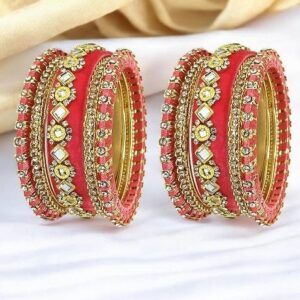 Set Of 10 Gold Plated Rose Pink Velvet Silk Thread Chuda Set