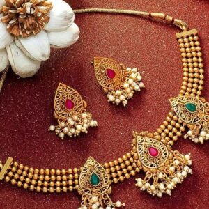 Gold Plated Green And Pink Stone Studded Beaded Choker Jewellery Set