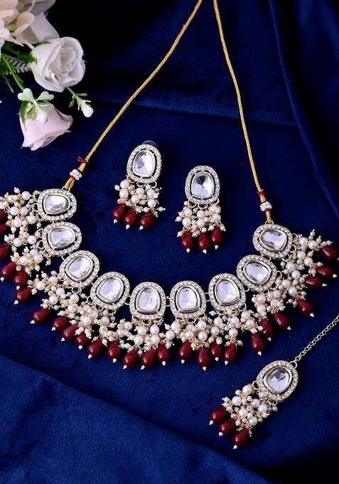 Gold Kundan Stone And Maroon Beaded Studded Plated Necklace Set