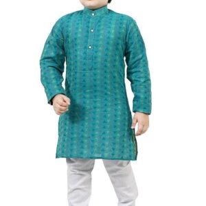 Blue Printed Cotton Blend Kurta Set For Boys