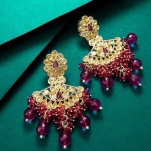 Red Gold Plating Kundan Pearl Artificial Stone Earrings