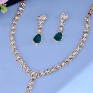 Gold Plated Green Stone Studded Necklace And Earrings Set