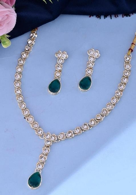 Gold Plated Green Stone Studded Necklace And Earrings Set