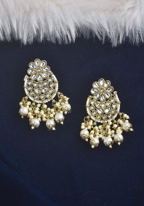 White Kundan Pearl Gold Plated Earrings