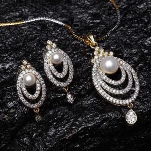 Gold Plated Silver Toned Cz Stone Studded Handcrafted Copper Jewellery Set