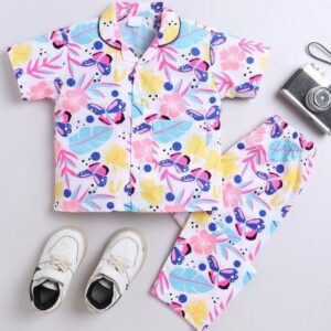 White Printed Cotton Shirt Pant Set For Boys