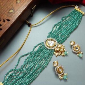 Gold Plated Kundan Studded And Beaded Jewellery Set