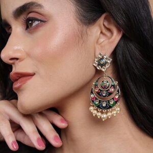Blue Gold Plated Crescent Shaped Meenakari Chandbalis