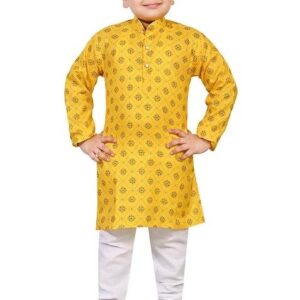 Yellow Printed Cotton Blend Kurta Set For Boys