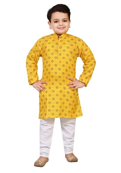 Yellow Printed Cotton Blend Kurta Set For Boys